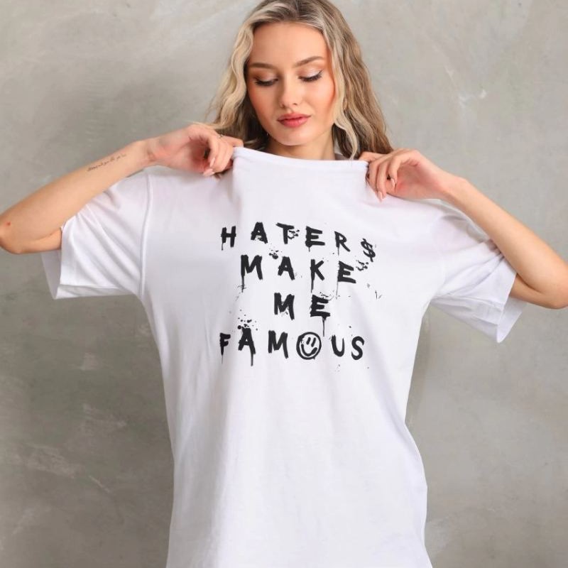 Kadın ön ve arka Baskılı Oversize Kısa kol  T-Shirt - Beyaz